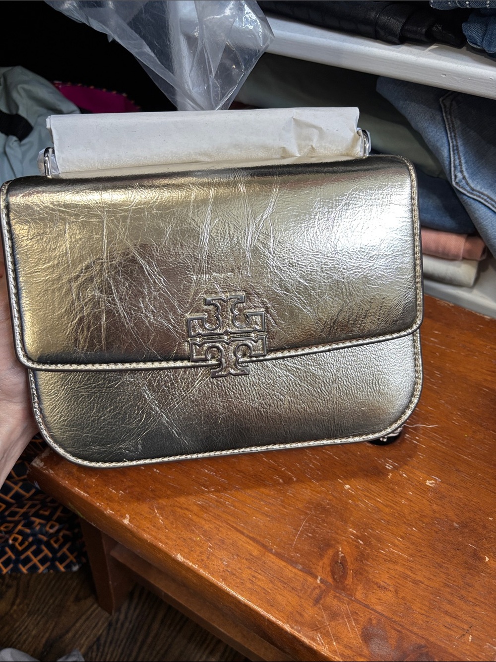 Tory Burch Metallic Silver Leather Crossbody with Logo Flap